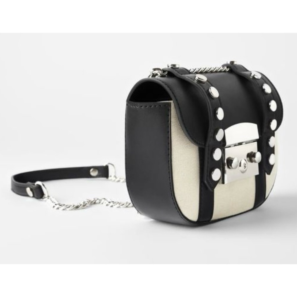 ZARA • Black/Cream Faux Leather and Canvas Studded Mini Chainlink Crossbody Bag - Picture 16 of 16